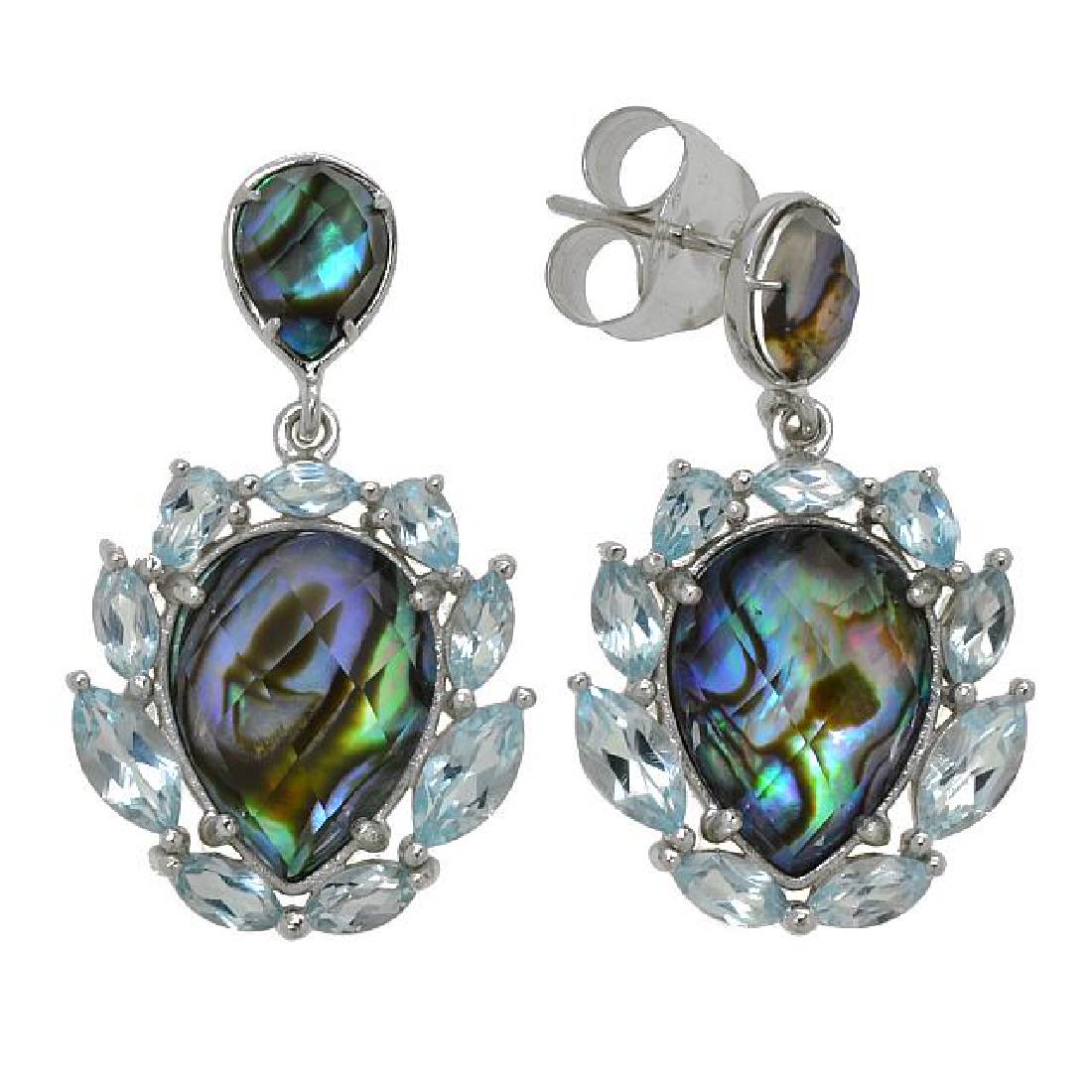 Silver Abalone Doublet Halo Drop Earrings: • Genuine abalone doublet & sky blue topaz • 5.46ct sky blue topaz • Pear shaped doublet with gemstones around the edges • Comfortable butterfly clasp • Gleaming rhodium