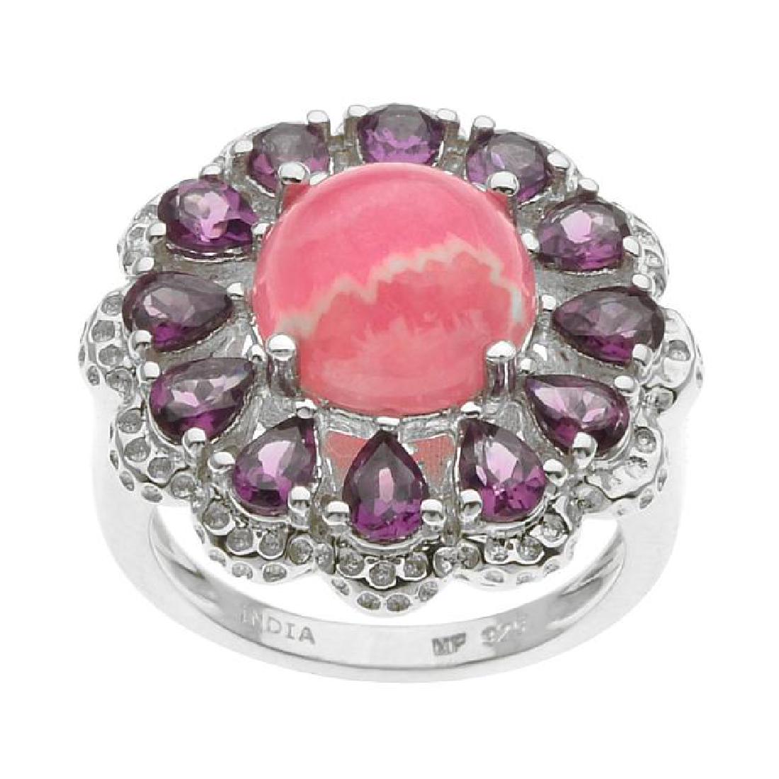 Silver Rhodochrosite & Garnet Flower Ring-SZ 7: • Genuine rhodochrosite & rhodolite garnet • 2.04ct garnet • Floral inspired design with sparking gemstones halo around the cabochon • Gleaming rhodium over fine sterling silve