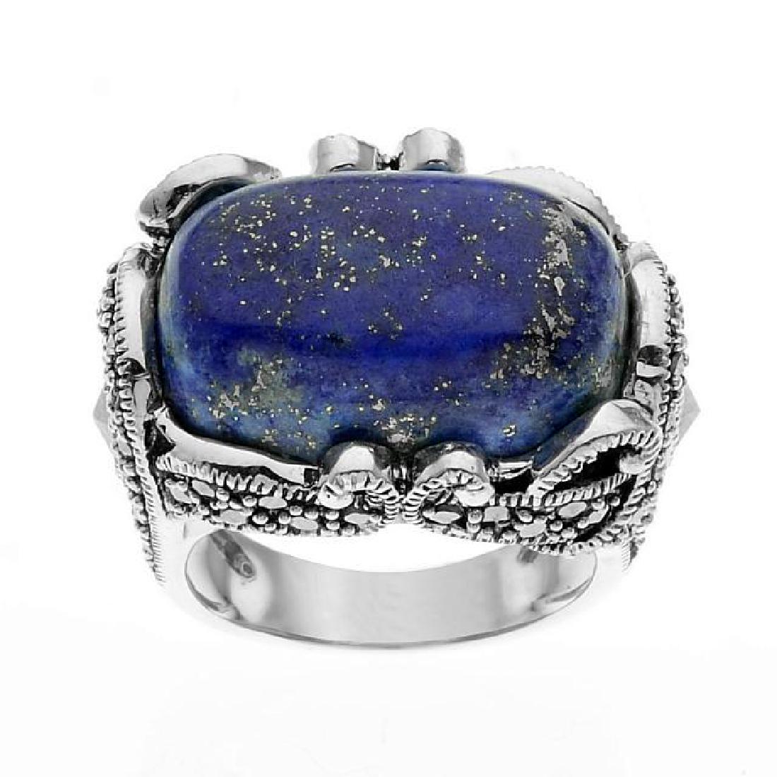 Sterling Silver Lapis & Marcasite Ring-SZ 7: • Genuine lapis & marcasite • Rectangular cabochon • Beaded texture around the shank • Gleaming rhodium over fine sterling silver