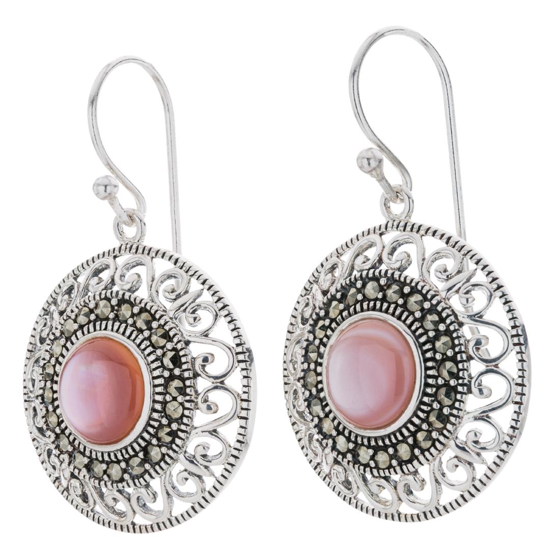 Silver Pink MOP & Marcasite Dangle Earrings: Fascinating, ever-changing iridescent color makes these earrings from Addison Lane’s Felicity collection an absolutely gorgeous accent for your ensemble. Crafted in oxidized sterling silver and 