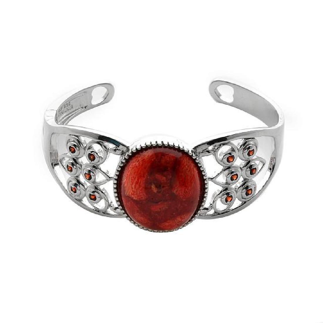 Silver 6.5" Coral & Garnet Hinged Cuff Bracelet (1 of 3)