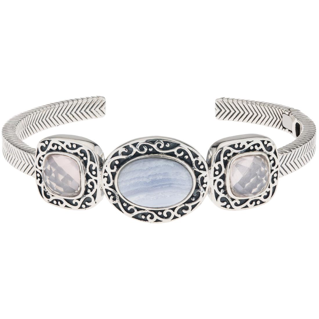Silver 6.7" Rose Quartz & Lace Agate Hinged Cuff (1 of 3)