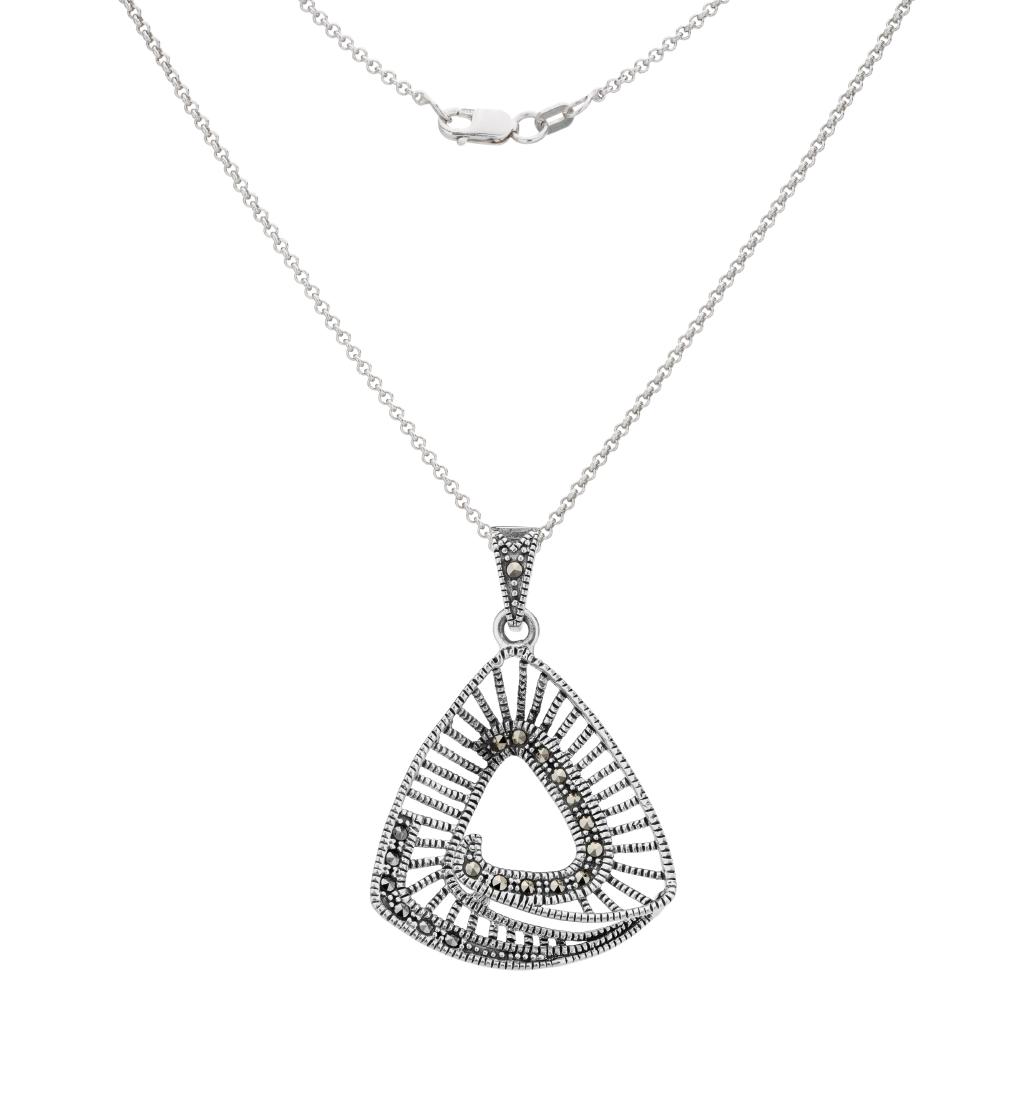 Silver Marcasite Open-Metalwork Triangular Pendant: This refreshing open metalwork design from the Addison Lane Weekend Collection creates a light, breezy accent perfect for an active weekend of fun. Beautifully crafted in oxidized sterling silver, the