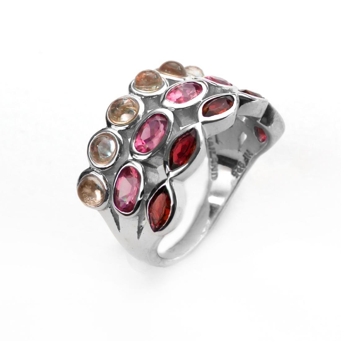 Sterling Silver Garnet Three-Row Band Ring-SZ 7: Pangea Mines styles an impressive new design with this lovely three-row ring. Beautifully crafted in gleaming rhodium over sterling silver and lavishly adorned with genuine rhodolite garnet, hessonite