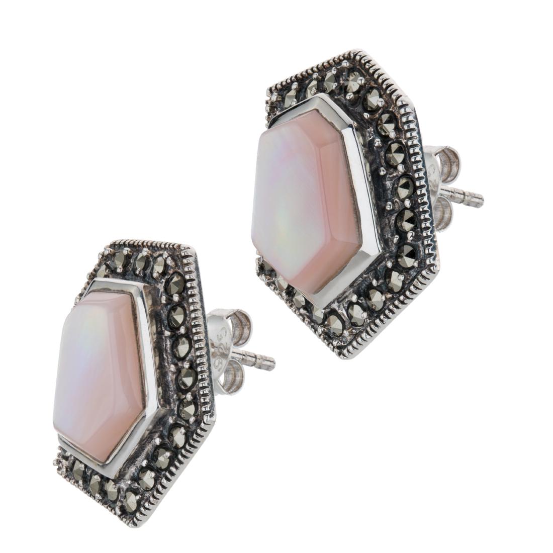 Silver Pink MOP & Marcasite Hexagonal Stud Earring: A striking new design from Addison Lane’s Felicity Collection: inspired by timeless vintage looks, this lovely design is beautifully crafted in oxidized sterling silver and adorned with fascinat