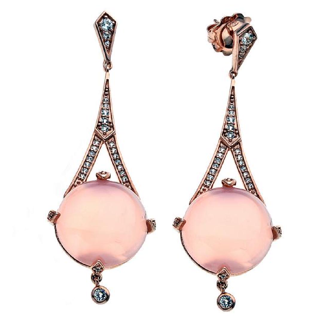 14K Gold Vermeil Pink Chalcedony Drop Earrings: • Genuine pink chalcedony & white topaz • 0.52ct white topaz • Cabochon drop with white topaz encrsuted in a tower shape • Comfortable butterfly clasp • 14K rosegold vermeil o