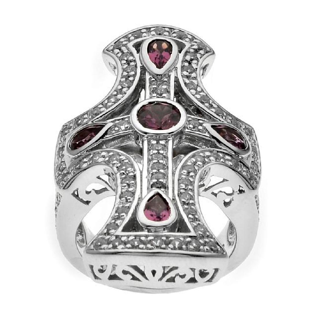 Silver Garnet & White Zircon Cross Ring-SZ 7 (1 of 1)