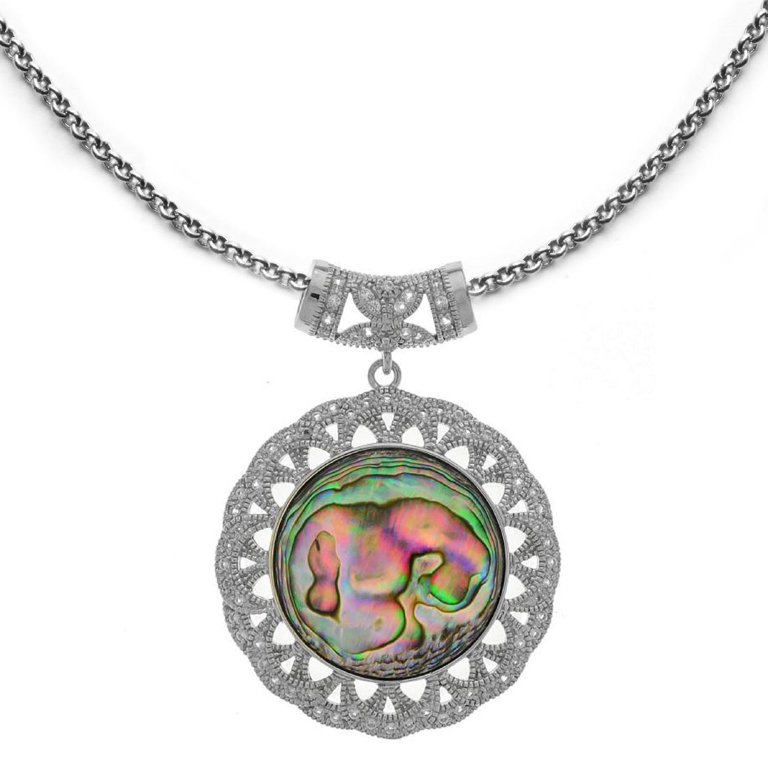 Sterling Silver Abalone with Tubular Bail Pendant: • Genuine Abalone • 1.48ct white topaz • Scalloped edgework with tubular bail • 18” silver chain • Gleaming rhodium over fine sterling silver