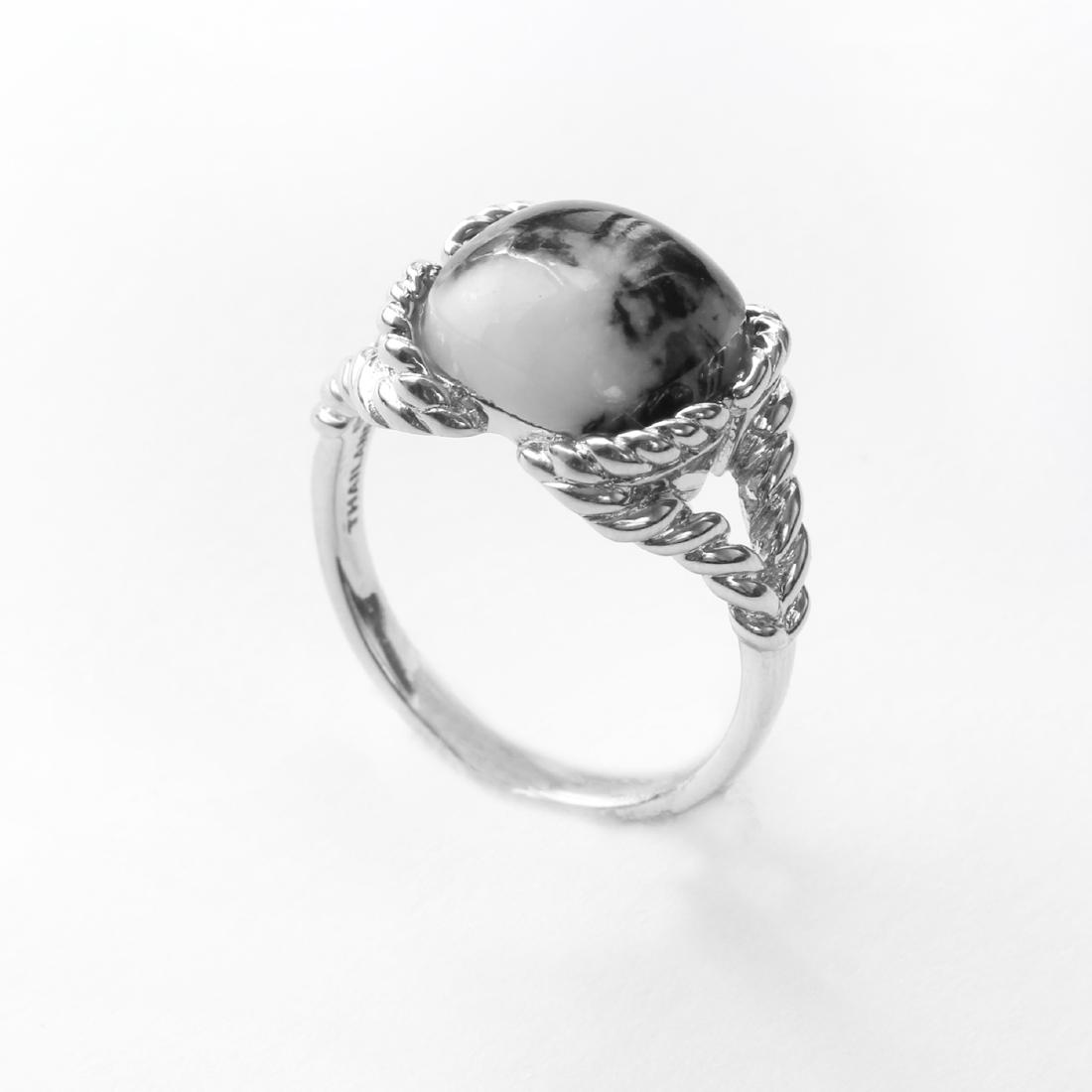 Silver White Buffalo Rope Detailed Ring-SZ 10: • Genuine white buffalo • One 12x12mm cushion cabochons • Twisted texture wraps around the corner and split shank • Gleaming rhodium over fine sterling silver