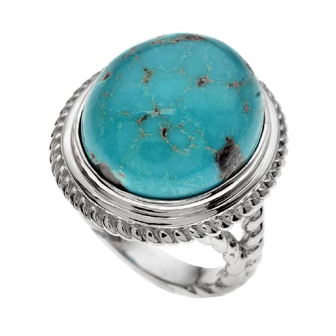 Silver Oval Turquoise Rope Textured Ring-SZ 7: • Genuine campo frio turquoise • One oval 18x15mm cabochons • Rope texture around the shank • Gleaming rhodium over fine sterling silver