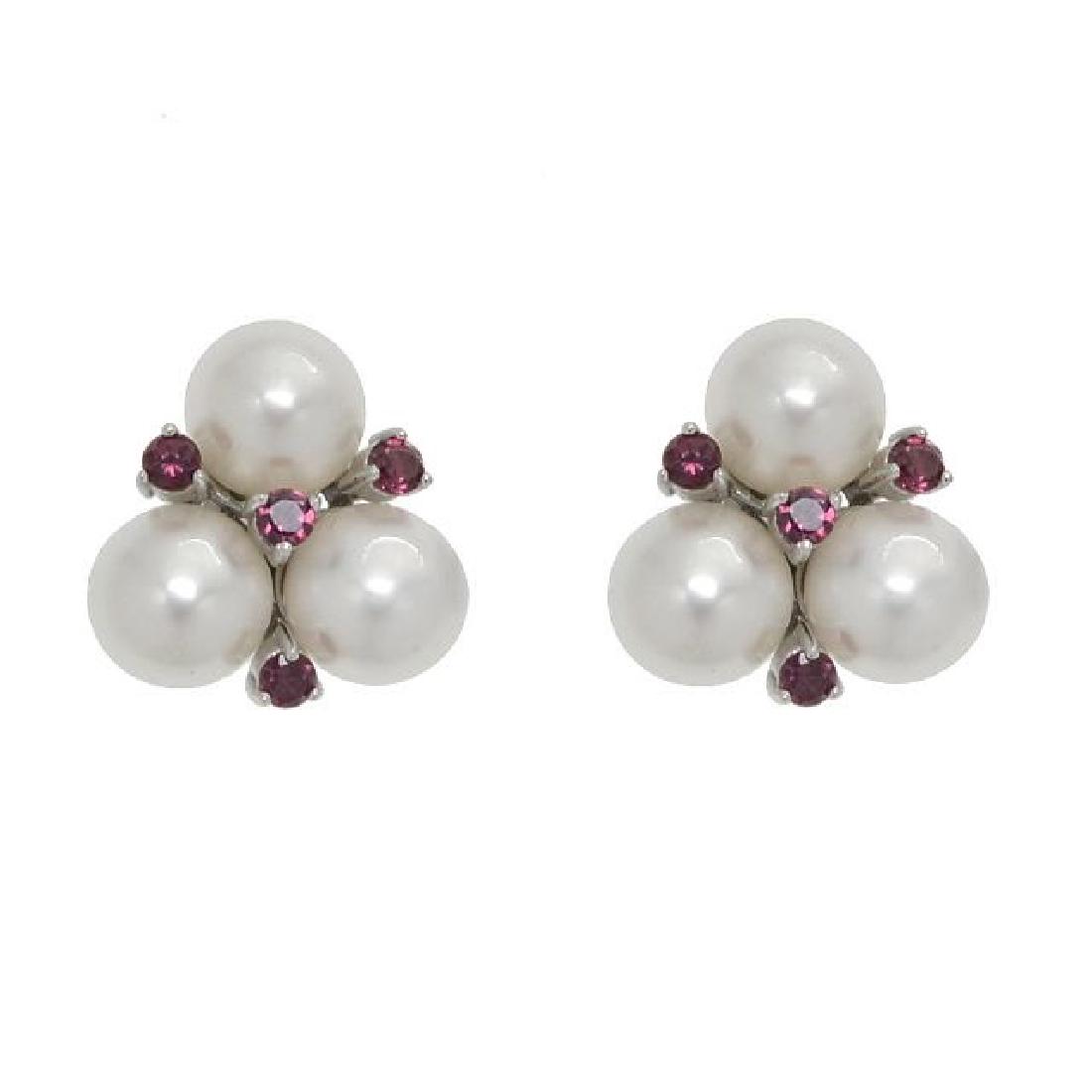 Sterling Silver 8mm Pearl & Garnet Stud Earrings: • Genuine freshwater Pearls & rhodolite garnet • Symmetrically clustered studs • Comfortable butterfly clasp • Gleaming rhodium over fine sterling silver