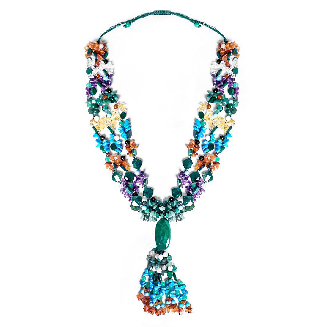 Genuine Gemstones Beaded Three Row Tassel Necklace (1 of 2)
