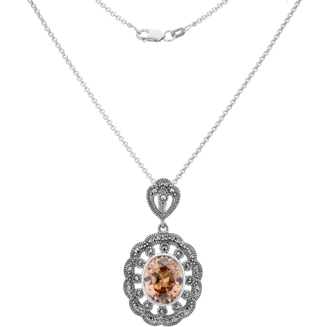 Sterling Silver Marcasite & CZ Pendant: Sophisticated refinement is yours with this vintage-inspired pendant necklace from the Addison Lane Felicity Collection. Beautifully crafted with a centered oval cut cubic zirconia surrounded by spark