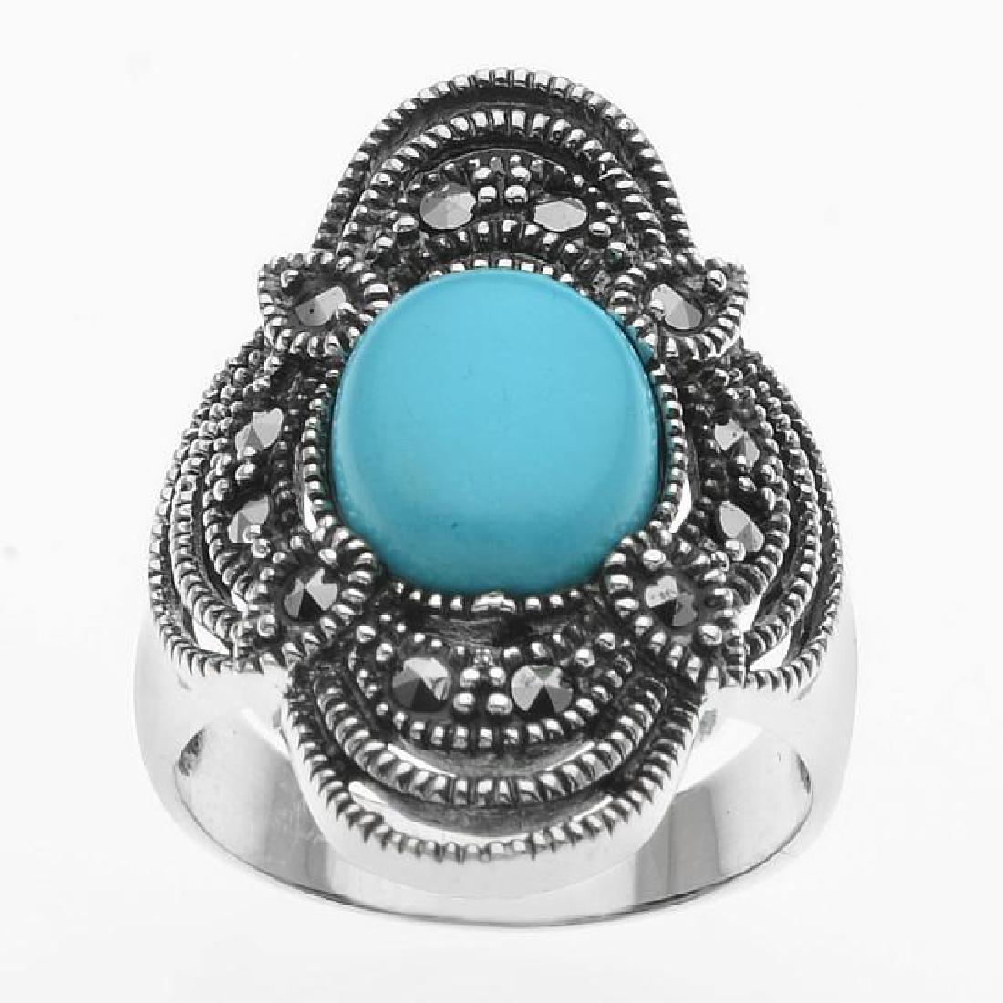 Sterling Silver Turquoise & Marcasite Ring-SZ 7: • Genuine marcasite & sonora beauty turquoise • Oxidized rope texture as an orbit • Gleaming rhodium over fine sterling silver