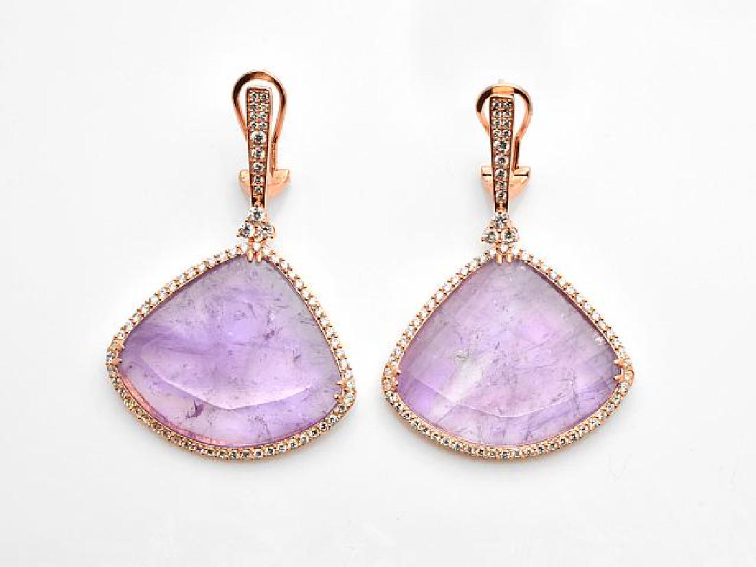 14K Rose Gold Vermeil Amethyst & Zircon Earrings: • Genuine Rough Citrine & white Zircon • 5.74cwt white Zircon • Fan shaped halo drop earrings • 14K Rose Gold Vermeil over sterling silver