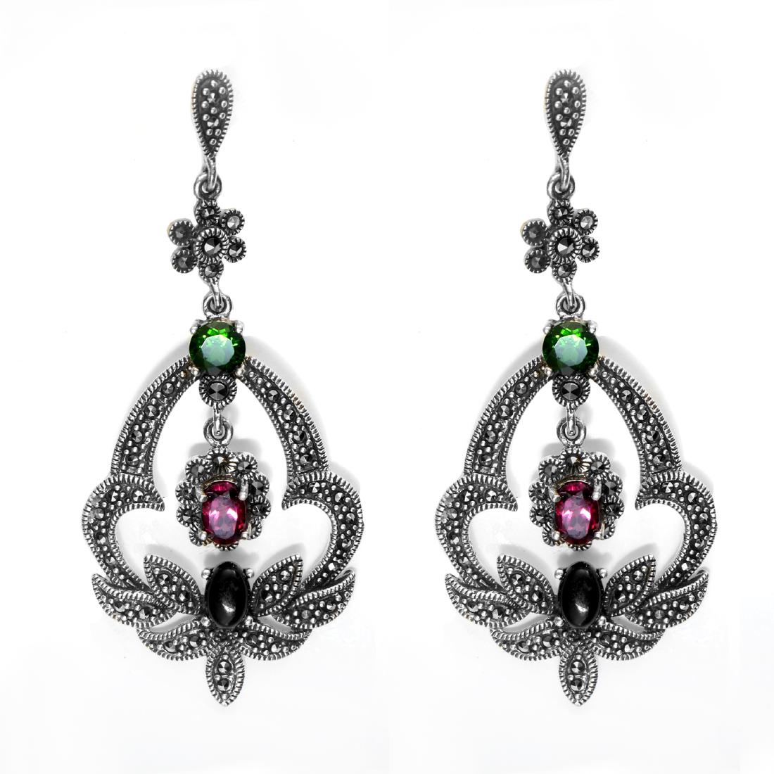 Silver Marcasite & Multi Gemstones Drop Earrings (1 of 1)