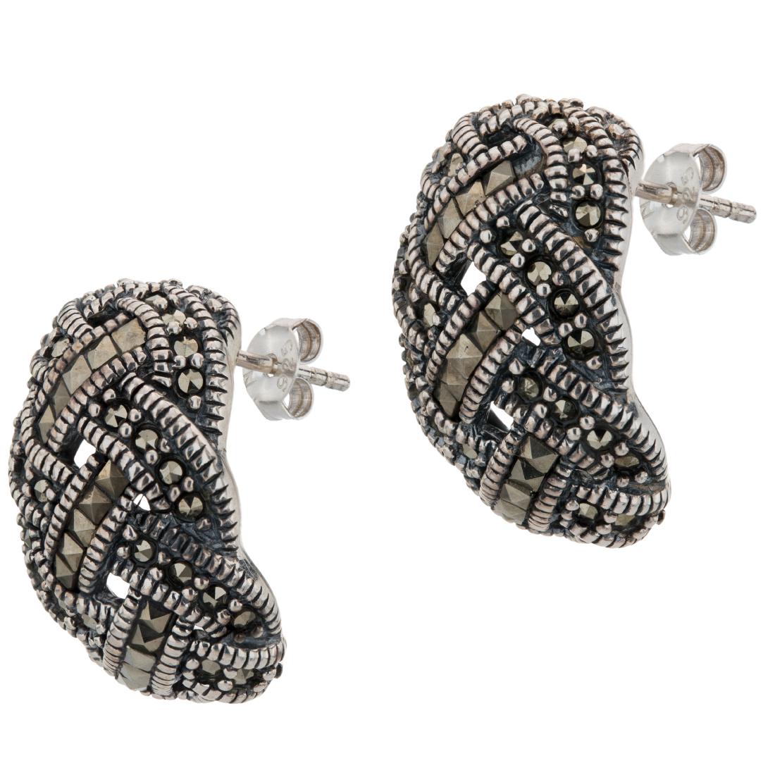 Silver Basketweave Marcasite Half Hoop Earrings: Addison Lane crafts a very feminine, very flattering, very fetching design with these lovely basket weave half hoop earrings from the Weekend Collection. Beautifully styled in oxidized sterling silver