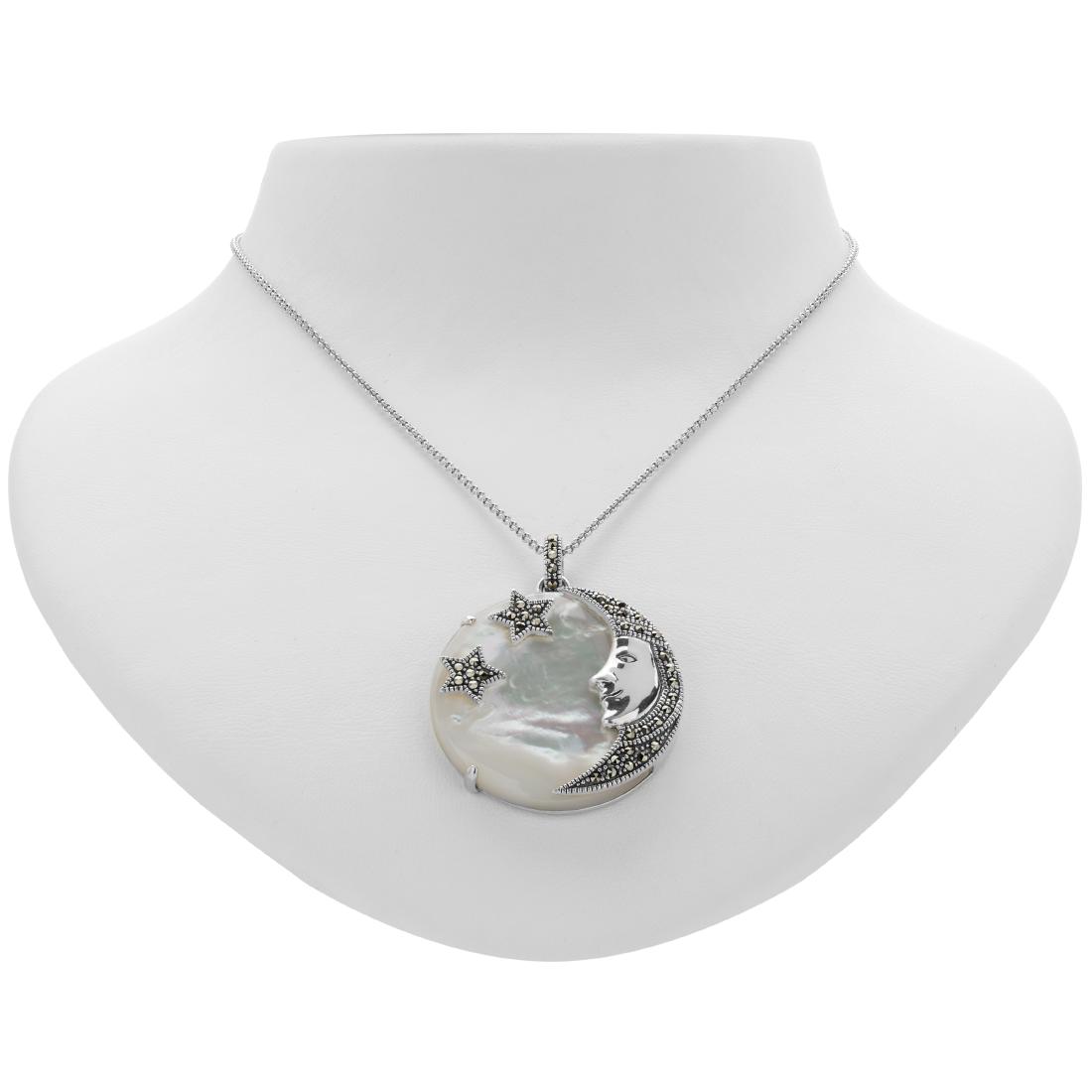 Silver Marcasite & MOP Moon and Stars Disc Pendant: “The moon and stars give witness to the truth.” Inspired by classic vintage designs, Addison Lane has crafted this lovely pendant necklace from the Felicity Collection. Beautiful oxidized 