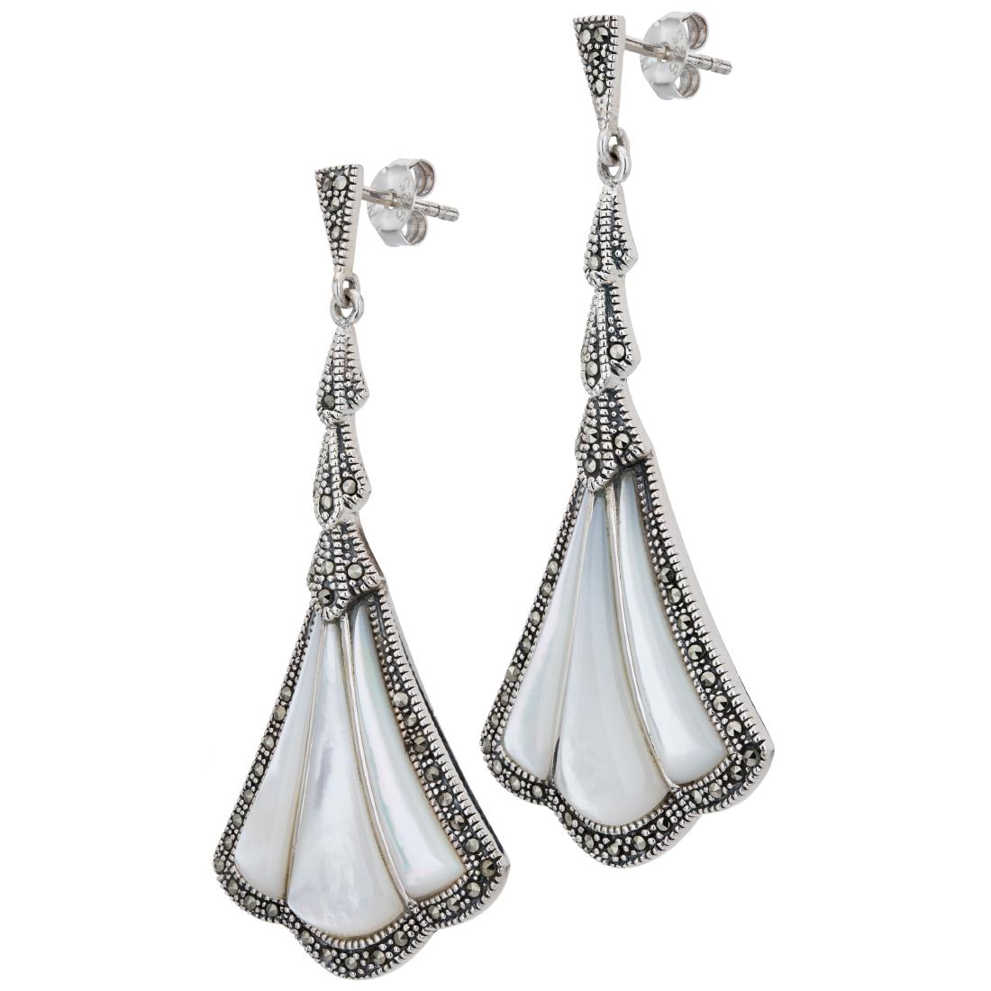 Sterling Silver Marcasite and MOP Fan Earrings: Inspired by the glamour of a Golden Age, Addison Lane crafts these gorgeous earrings from the Felicity Collection in oxidized sterling silver and adorns them with lovely iridescent mother-of-pearl com