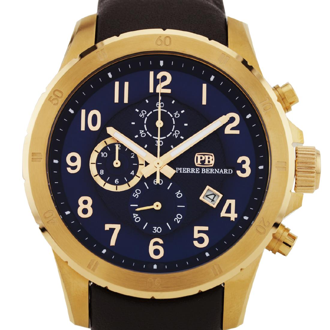 Pierre Bernard Macallan Mens Chronograph Wat: Main Features: True Chronograph Function, Open Date Window, Luminescent Hnads Hands: Luminescent Hnads Case Shape: Round Material: Stainless Steel, Leather Case Thickness: 12mm Strap Width: 22mm Strap