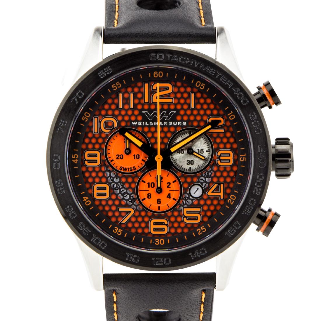 Weil & Harburg Karkin Mens Chronograph Watch: Multi colored, multi textured dial, open date window, lumonesent haands and markers 13mm x 49mm x x200mm Stainless steel, pull-down, pull-down 10ATM Leather strap, stainless steel buckle, 24mm x 200mm