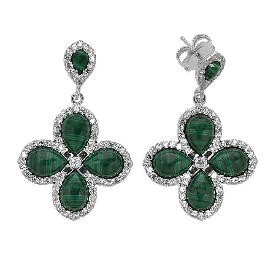 Silver Malachite & Topaz Flower Drop Earrings: • Genuine malachite & white topaz • 4.03ct white topaz • Design in the shaped of a clover on the drop • Comfortable butterfly clasp • Gleaming rhodium over fine sterling