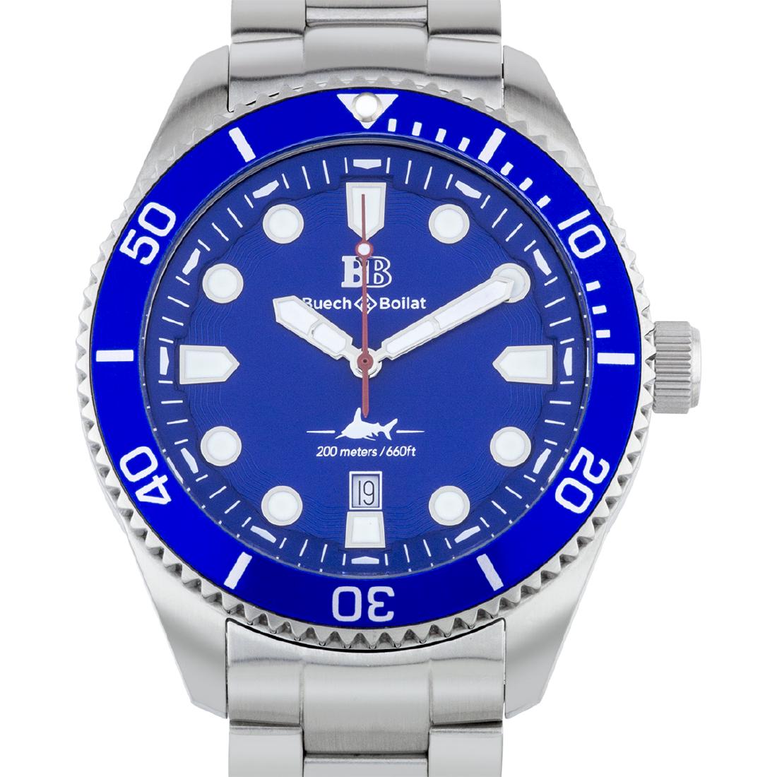 Buech & Boilat Thresher Men's Swiss Diver Watch: Hands: Luminescent Caseback Type: Screw-Down Age: New Strap Color: Silver Type: Analog, Diver Caseback Material: Stainless Steel Material: Stainless Steel Case Shape: Round Case Thickness: 48mm Strap 