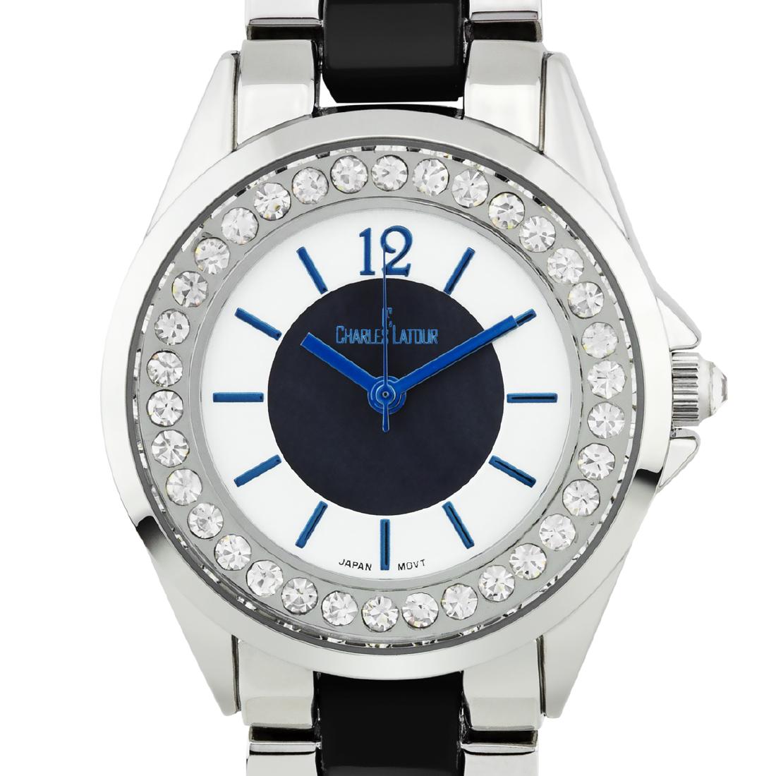Charles Latour Pearlized Dial Core Ladies Watch: The Charles Latour has a sleek 34mm case with stunning Czech crystals surround the outer chapter ring. A mirror finish arabic numeral at 12, and a pearlized dial core compliment the variaty of colors 