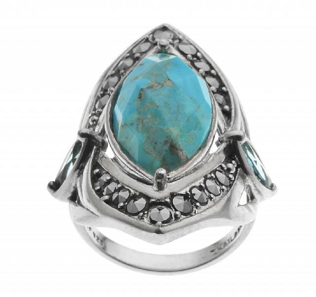 Silver Turquoise & Gemstones Shield Ring-SZ 7: • Genuine turquoise, sky blue tiopaz & marcasite • Marquise shaped faceted cut turquoise at the center and marquise cut sky blue topaz on each sides • Marcasite gemstones around the 
