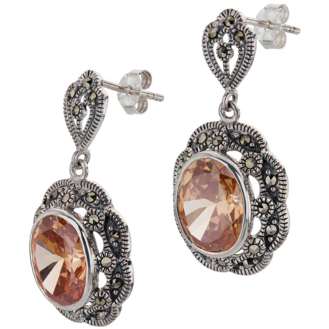 Silver Champagne CZ & Marcasite Drop Earrings: Add a bit of delicate beauty to your ensemble with this lovely design from Addison Lane’s Felicity collection. Beautifully crafted in oxidized sterling silver and adorned with gorgeous champagne