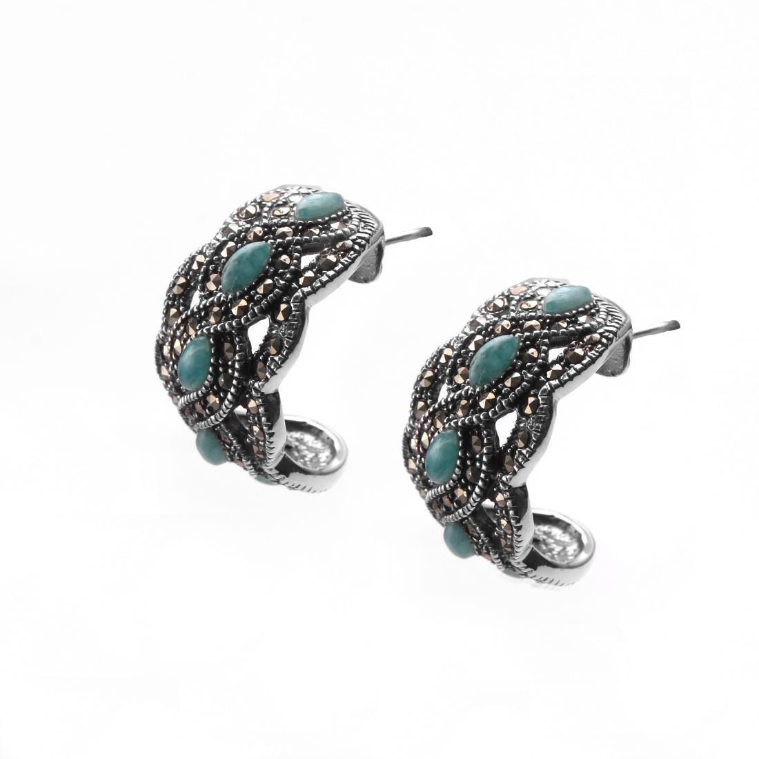 Silver Amazonite & Marcasite J Hoop Earring: • Genuine amazonite & marcasite • Half hoop with beaded accents • Butterfly backings for comfortable fit • Gleaming rhodium over fine sterling silver