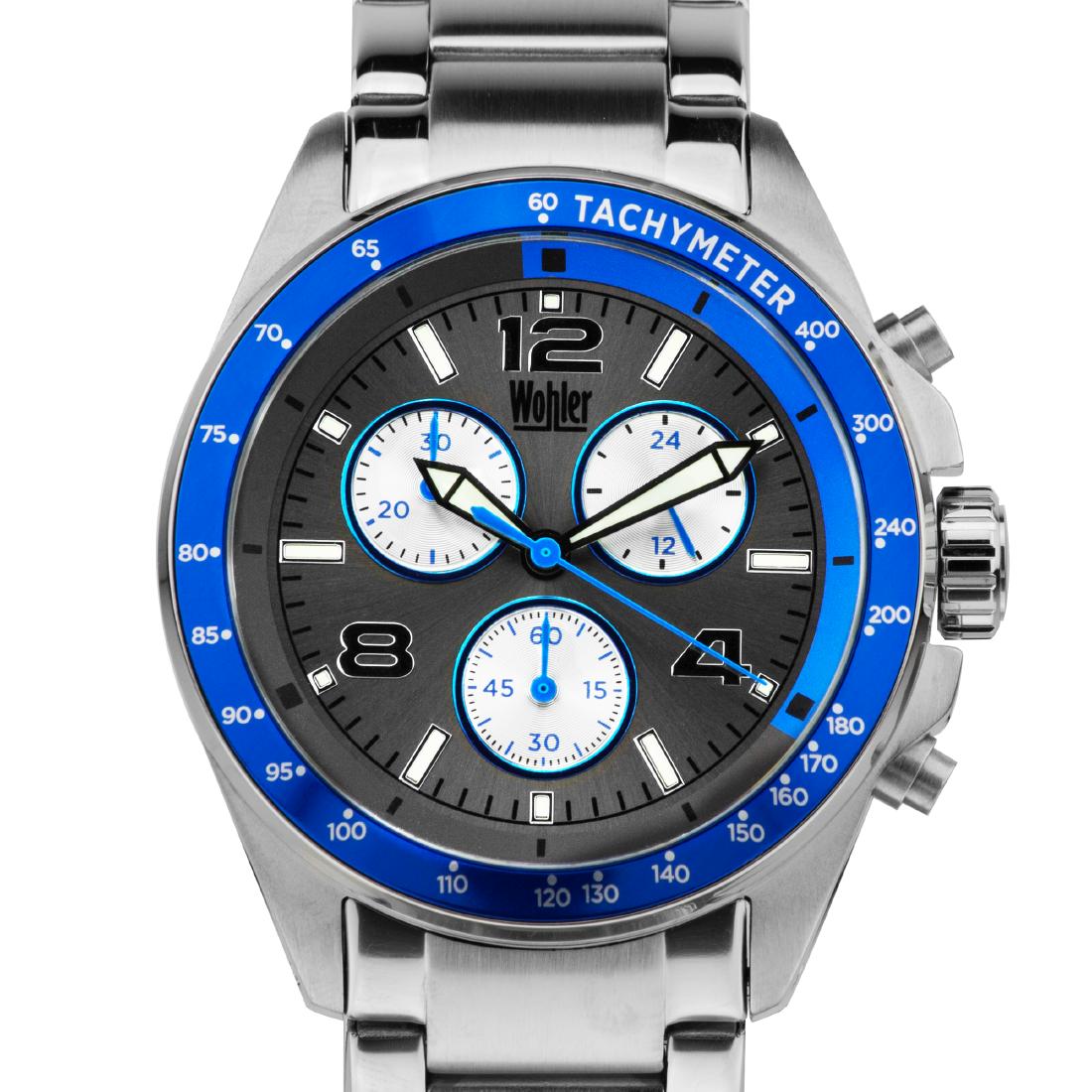 Wohler Heidegger Mens Chronograph Watch: The Heidegger provides everything you've been wanting, a fully functioning chronograph, 24 hour time tracking, a beefy bracelet mated to an all stainless steel 43mm case, and brilliant colors accentin