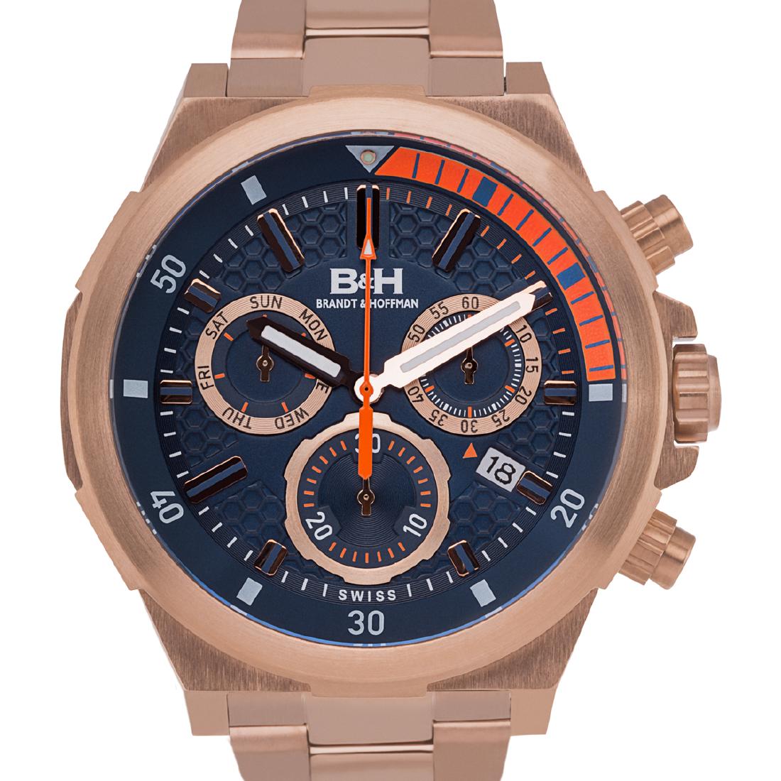 Brandt & Hoffman Bierce Mens Watch: Movement Type:- Genuine Swiss Ronda Z60 Movement Display Type:- Analog Water Resistant:- Water Resistant To 5ATM Case Size:- 48mm x 56mm x 14mm Case Material:- Surgical Grade 316L Stainless Steel Dial