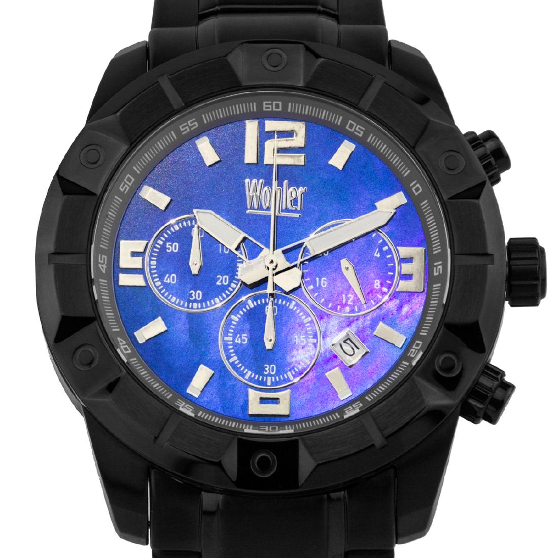 Wohler Wilhelm Mens Chronograph Watch: MaterialOther, Stainless Steel TypeSport Strap ColorBlack-Tone Dial ColorBlue Water Resistance Depth100 Meters Case ShapeRound Case Diameter46mm Case Thickness11mm Caseback TypeScrew-down Closure Type