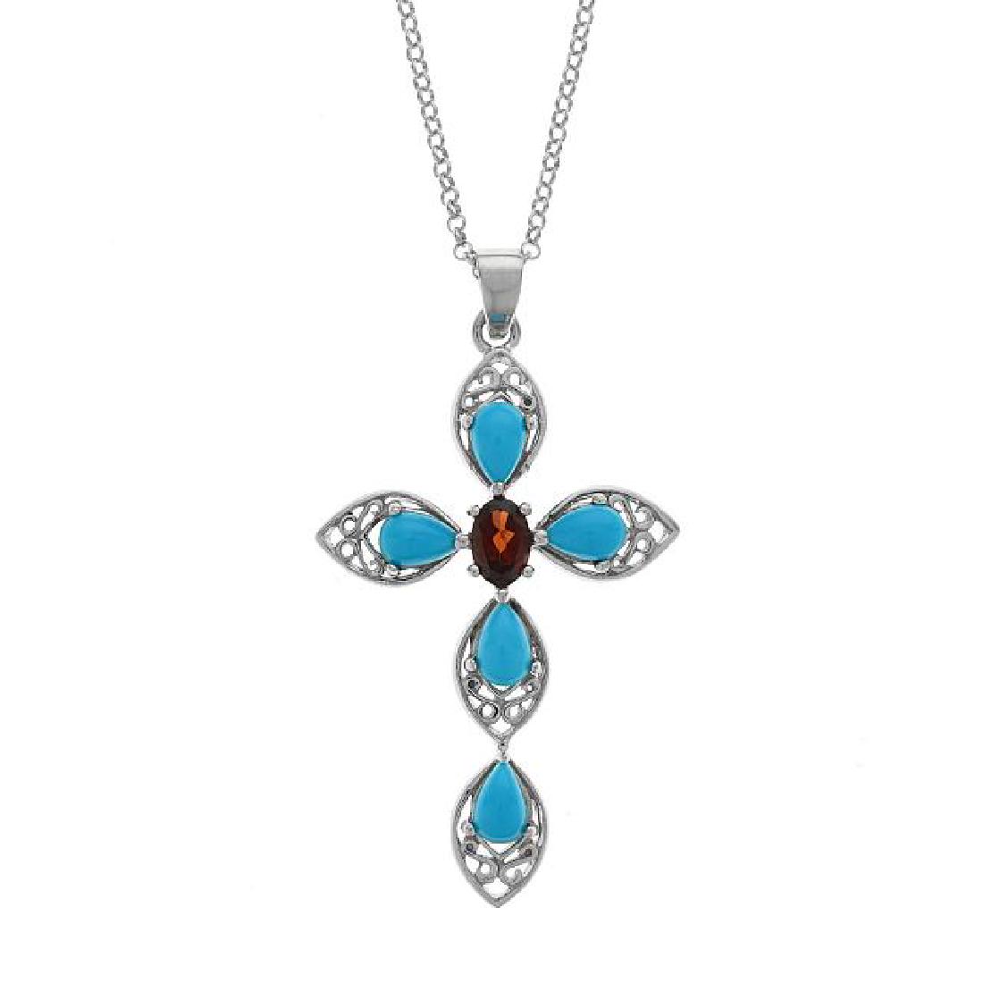 Silver Turquoise & Mozambique Garnet Cross Pendant (1 of 1)