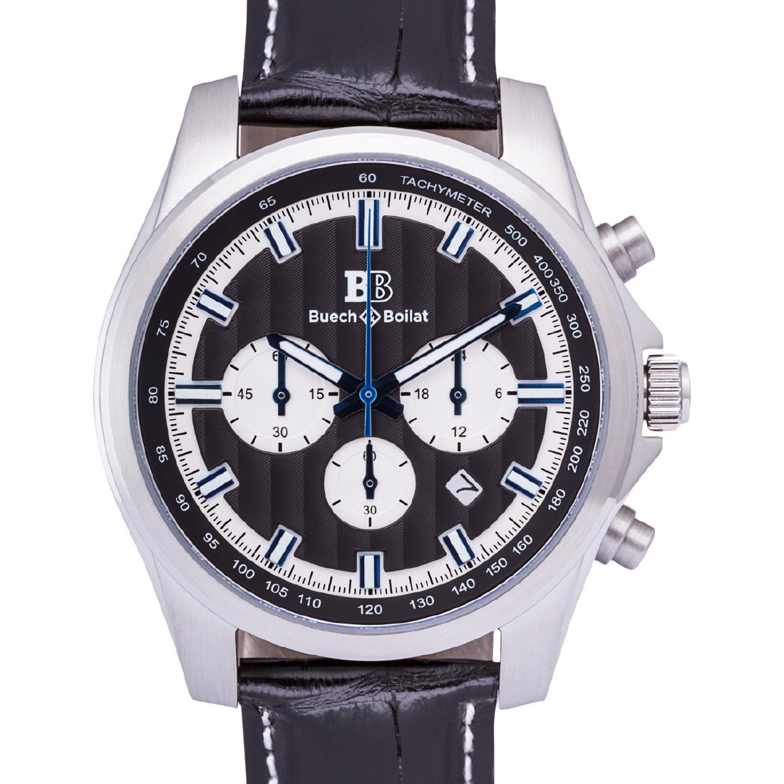 Buech & Boilat Grand Boucle Chonograph Mens Watch: Main Features:True Chronograph, Tachymeter Scale, Visible Date Window, Luminescent Hands Hands:Luminescent Hands Case Shape: Round Material: Stainless Steel Case Thickness: 12mm Strap Width: 20mm Stra