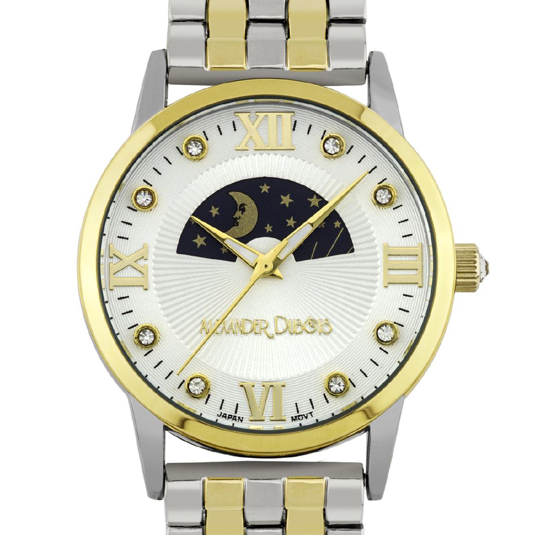 Alexander Dubois Luxury Moon Phase Ladies Watch: Ion Plated Metal Bracelet Stainless Steel Back Stainless Steel Fold Over Clasp Multi Textured Moon Phase Dial Stainless Steel Push/Pull Crown with Czech Crystal