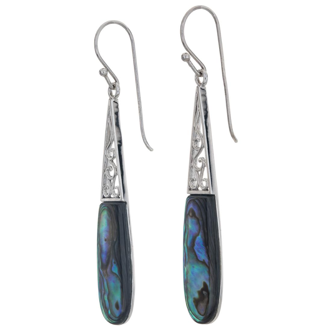 Sterling Silver Abalone Elongated Drop Earrings: 925 Sterling Silver Pangea Mines creates a very beautiful, very feminine, very flattering look with these striking, elongated drop earrings. Crafted in gleaming rhodium over sterling silver and adorne