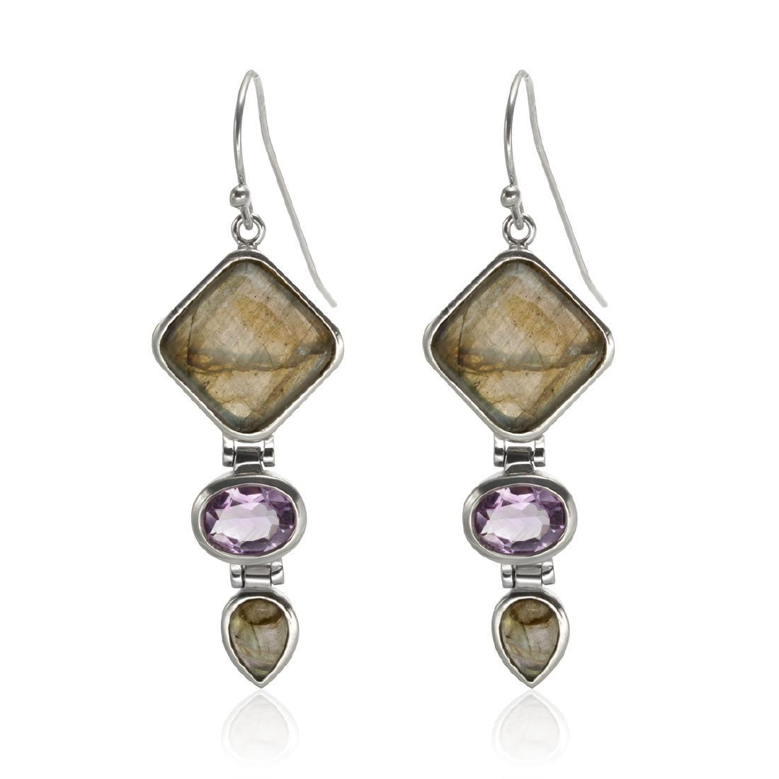 Silver Labradorite & Amethyst Drop Earrings: • Genuine labradorite & amethyst • 2.28cwt gemstones • Comfortable french hooks • Gleaming rhodium over fine sterling silver