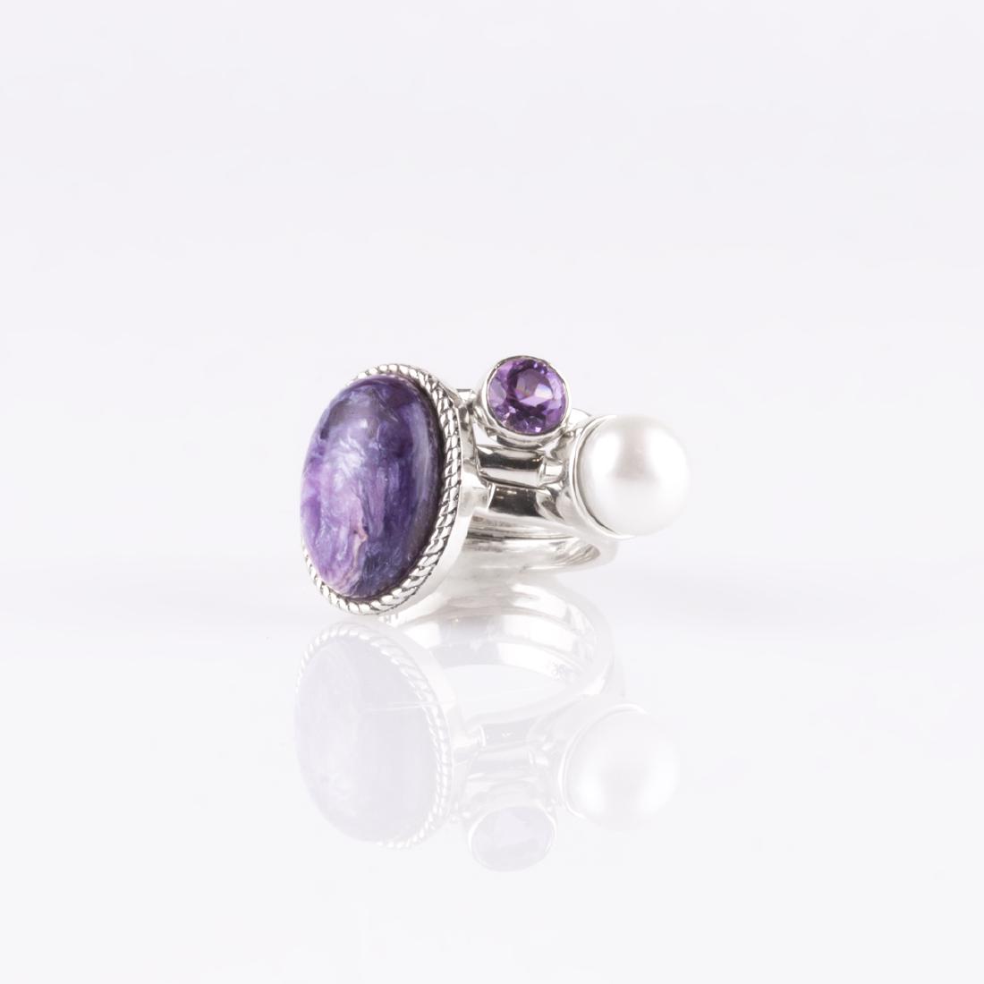 Set of Silver Charoite, Pearl & Amethyst Ring-SZ 7 (1 of 2)