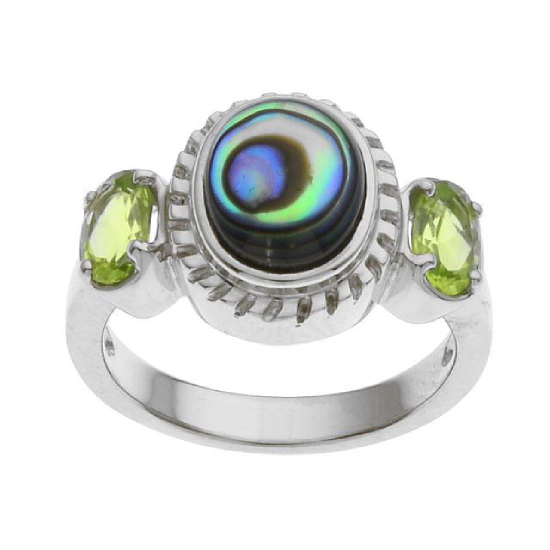 Silver Abalone & Peridot Three Stone Ring-SZ 7: • Genuine abalone & peridot • 0.94cwt peridot • North south orientation with rope texture halo • Gleaming rhodium over fine sterling silver