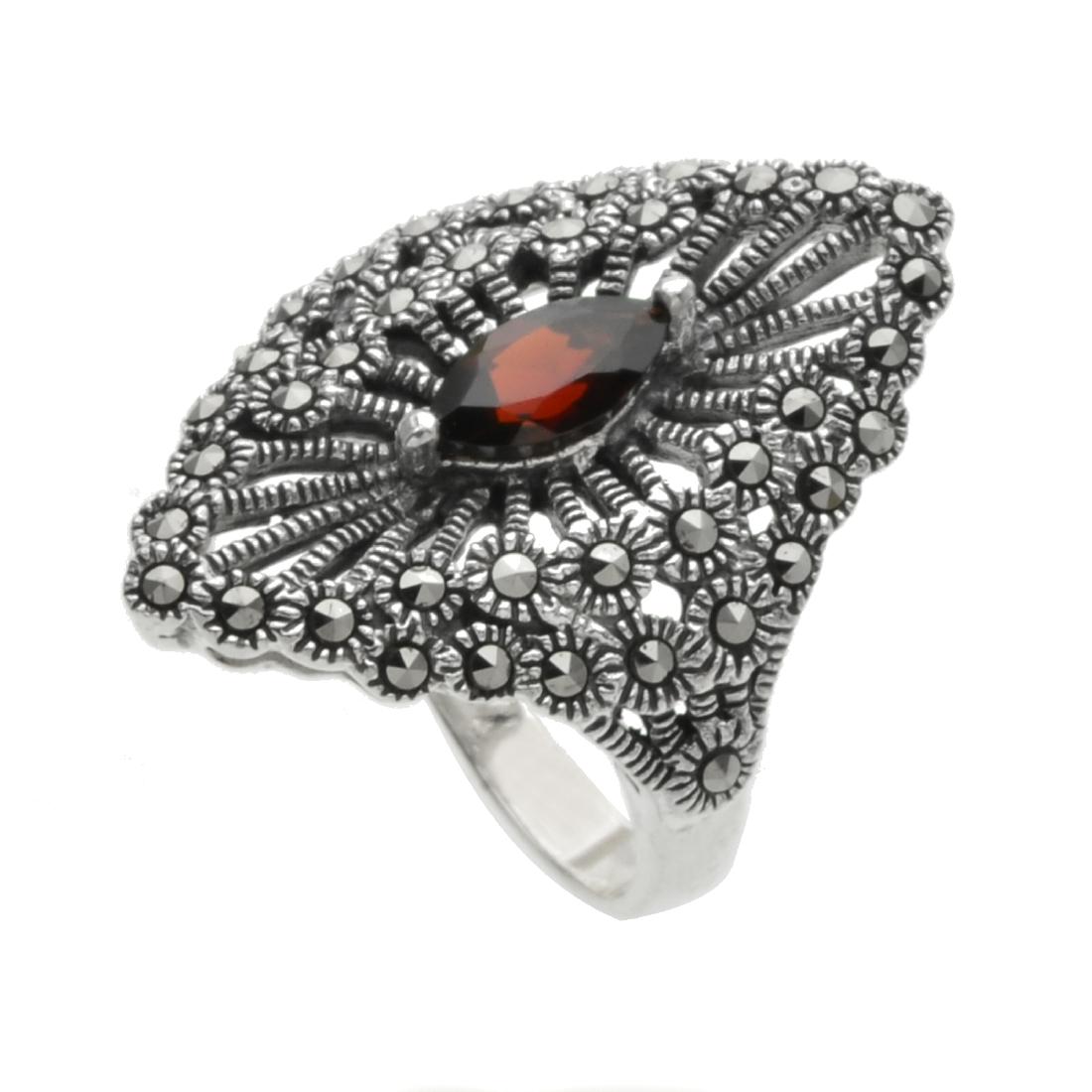 Sterling Silver Marcasite & Garnet Shield Ring-SZ6 (1 of 1)