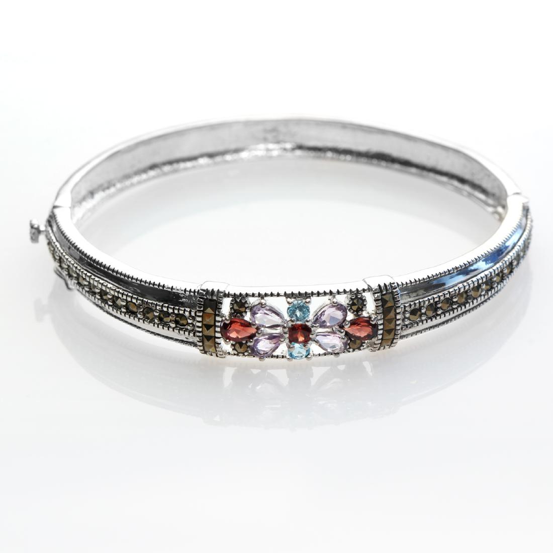 Sterling Silver Marcasite & Gemstones Hinged Cuff (1 of 2)