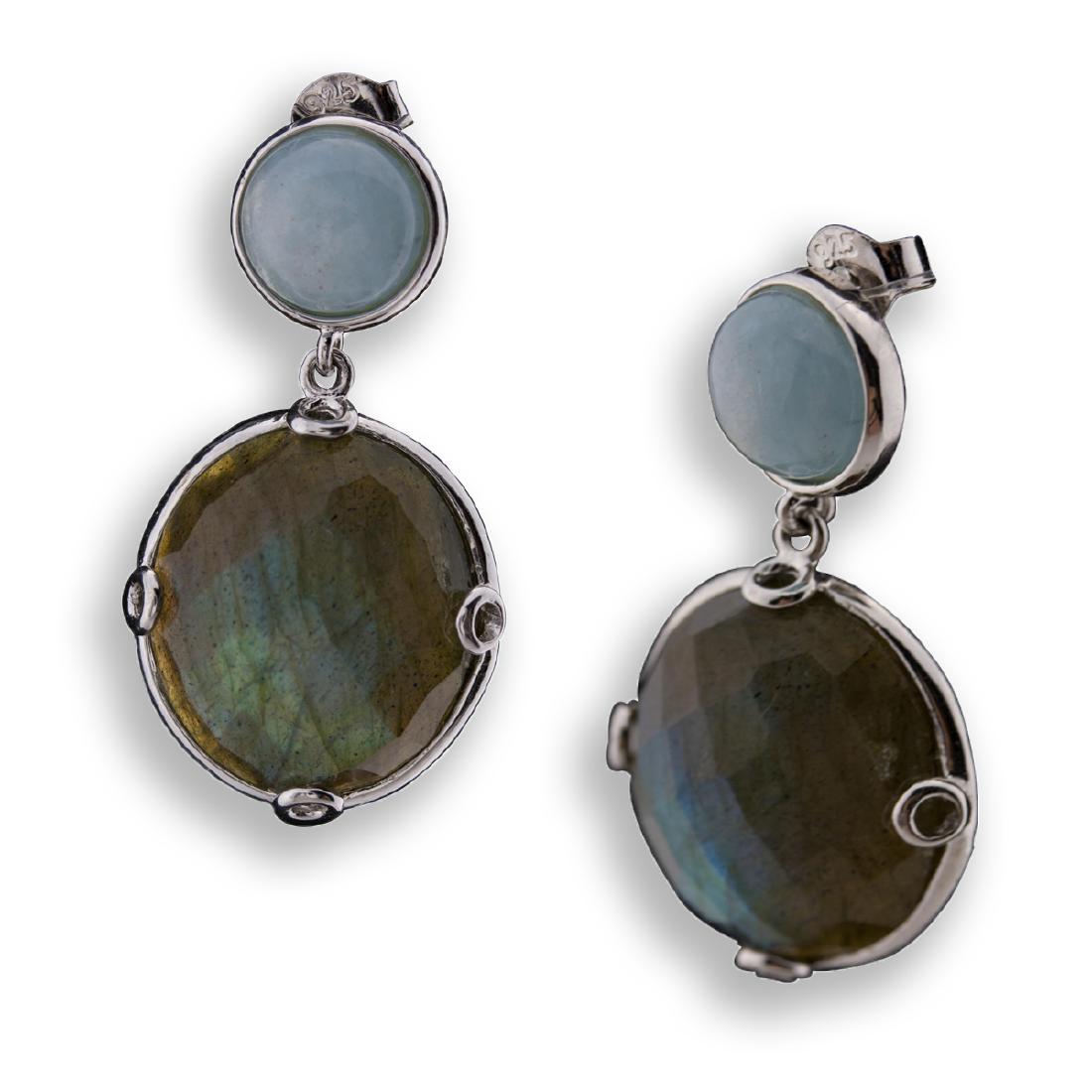Silver Milky Aquamarine & Labradorite Drop Earring: • Genuine labradorite & aquamarine • Featuring round aquamarine & labradorite drop • Secured butterfly clasp • Gleaming rhodium over fine sterling silver