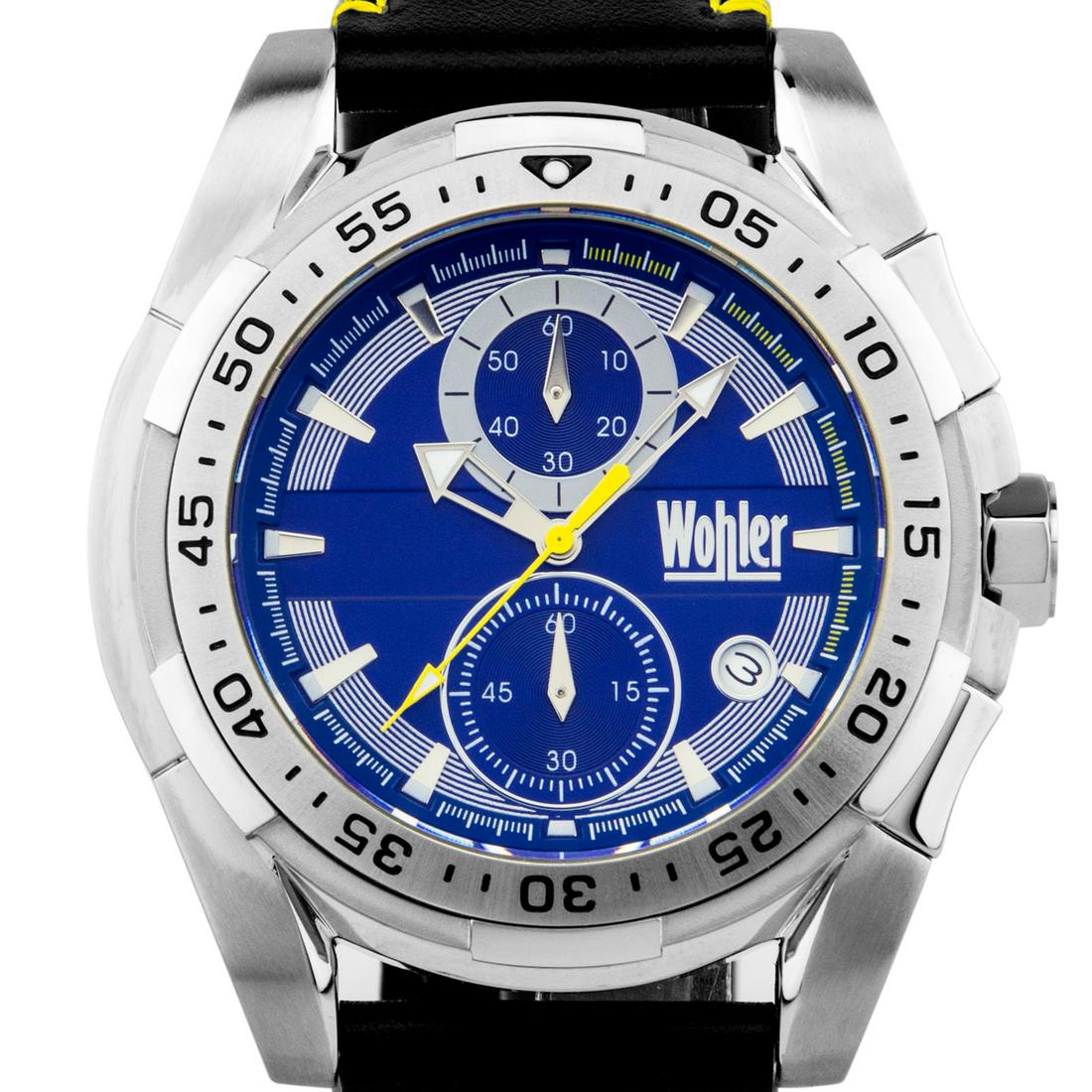 Wohler Otto Mens Chronograph Watch: The beefy 47mm case has expertly integrated chronograph pushers that nearly disappear into the case design 2.The bezel is both tall and thick giving an even chunkier look to this piece, all while rema