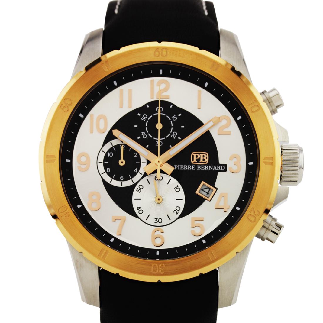 Pierre Bernard Macallan Mens Chronograph Watch: Main Features: True Chronograph Function, Open Date Window, Luminescent Hnads Hands: Luminescent Hnads Case Shape: Round Material: Stainless Steel, Leather Case Thickness: 12mm Strap Width: 22mm Strap
