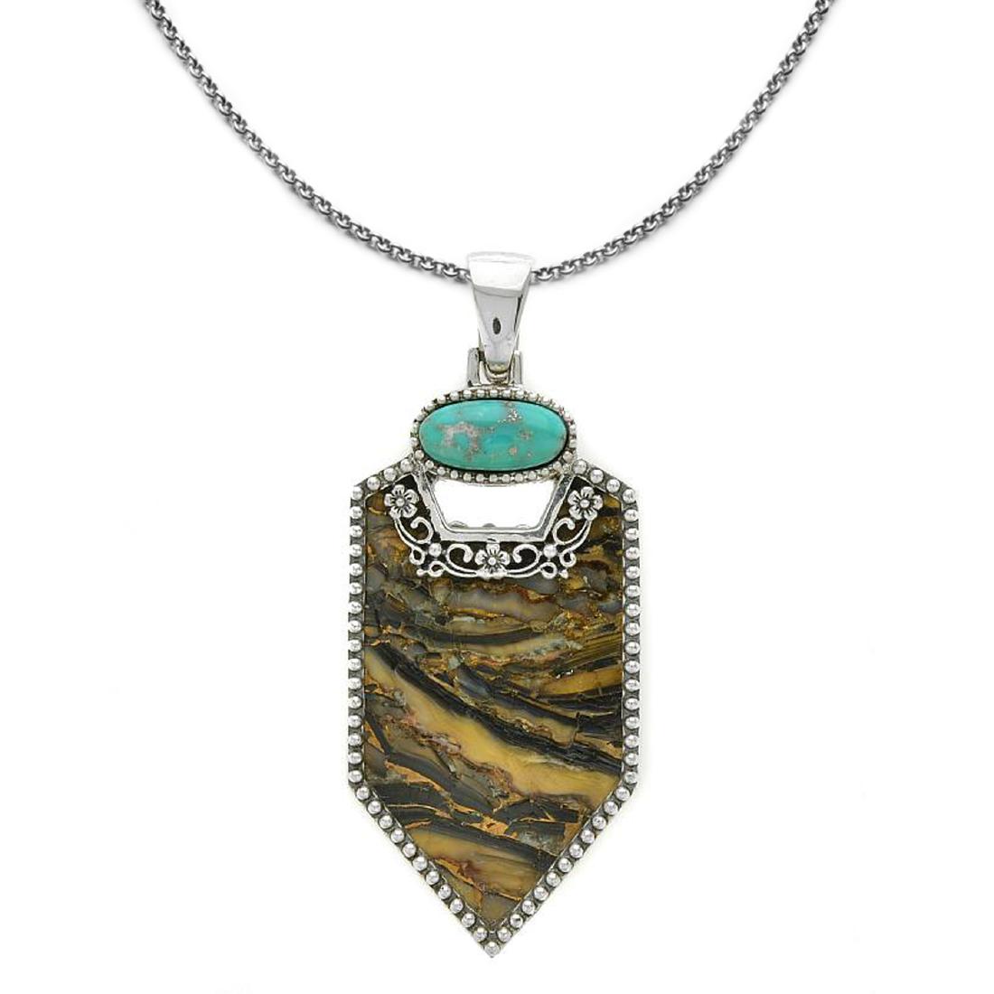 Sterling Silver Bronze Abalone & Turquoise Pendant: • Genuine bronze abalone & campo frio turquoise • Earthly elegance with arrowhead design with delicate floral overlay • 18 inch silver chain • Gleaming rhodium over fine sterli