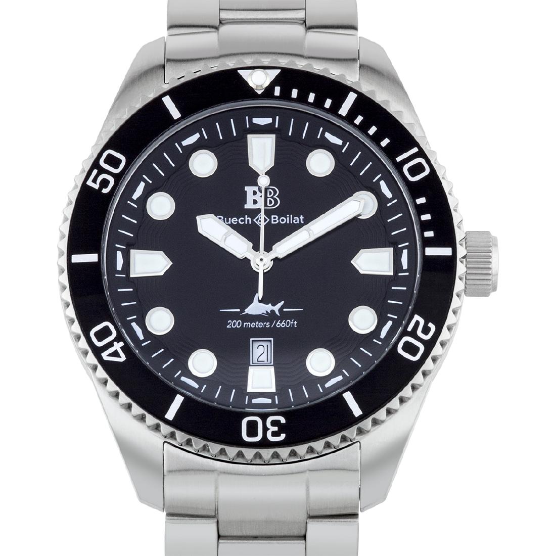 Buech & Boilat Thresher Men's Swiss Diver Watch: Hands: Luminescent Caseback Type: Screw-Down Age: New Strap Color: Silver Type: Analog, Diver Caseback Material: Stainless Steel Material: Stainless Steel Case Shape: Round Case Thickness: 48mm Strap 
