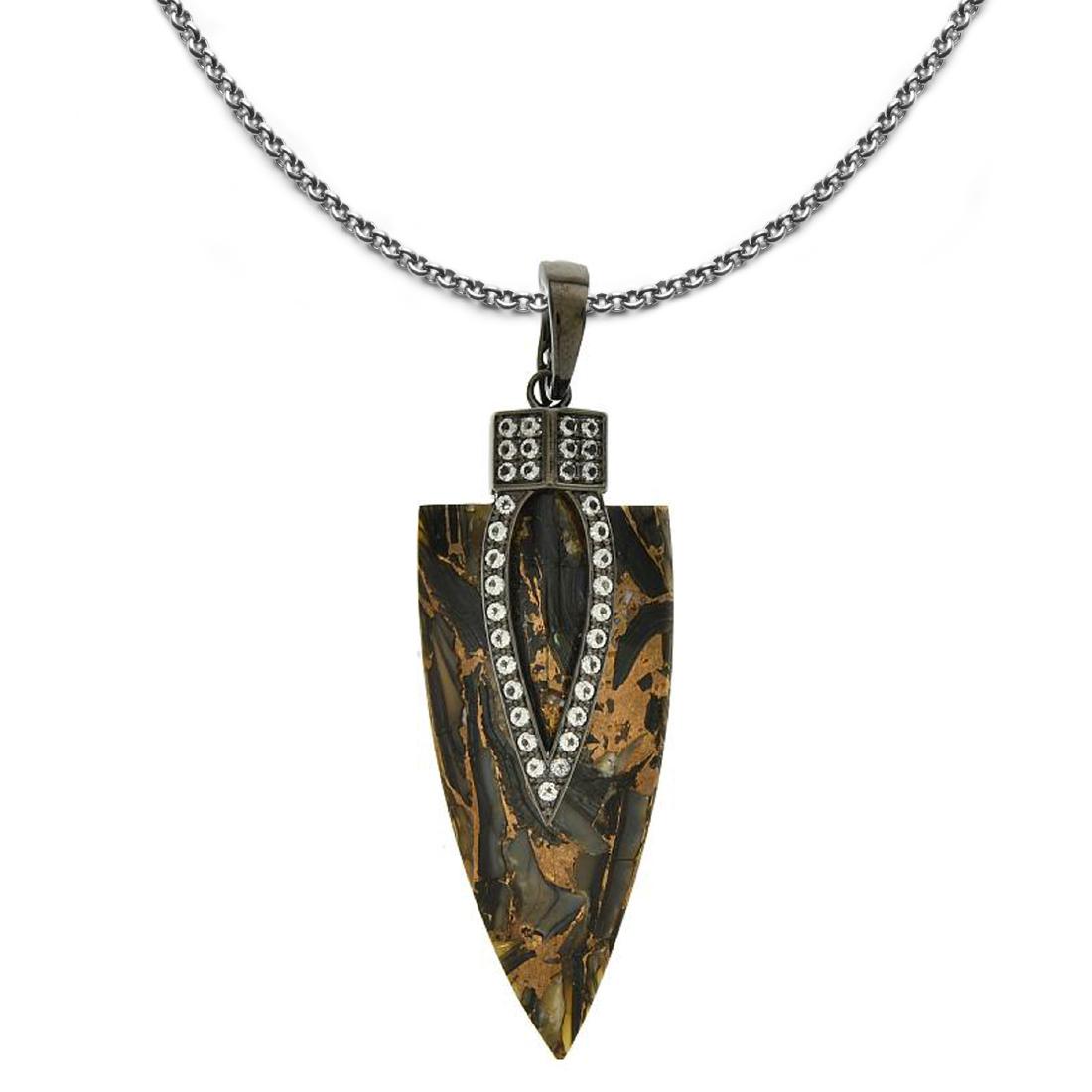 Sterling Silver Arrowhead Bronze Abalone Pendant: • Genuine bronze abalone & white topaz • Cabochons in a arrowhead shape • 30" silver chain • Black rhodium finish over fine sterling silver