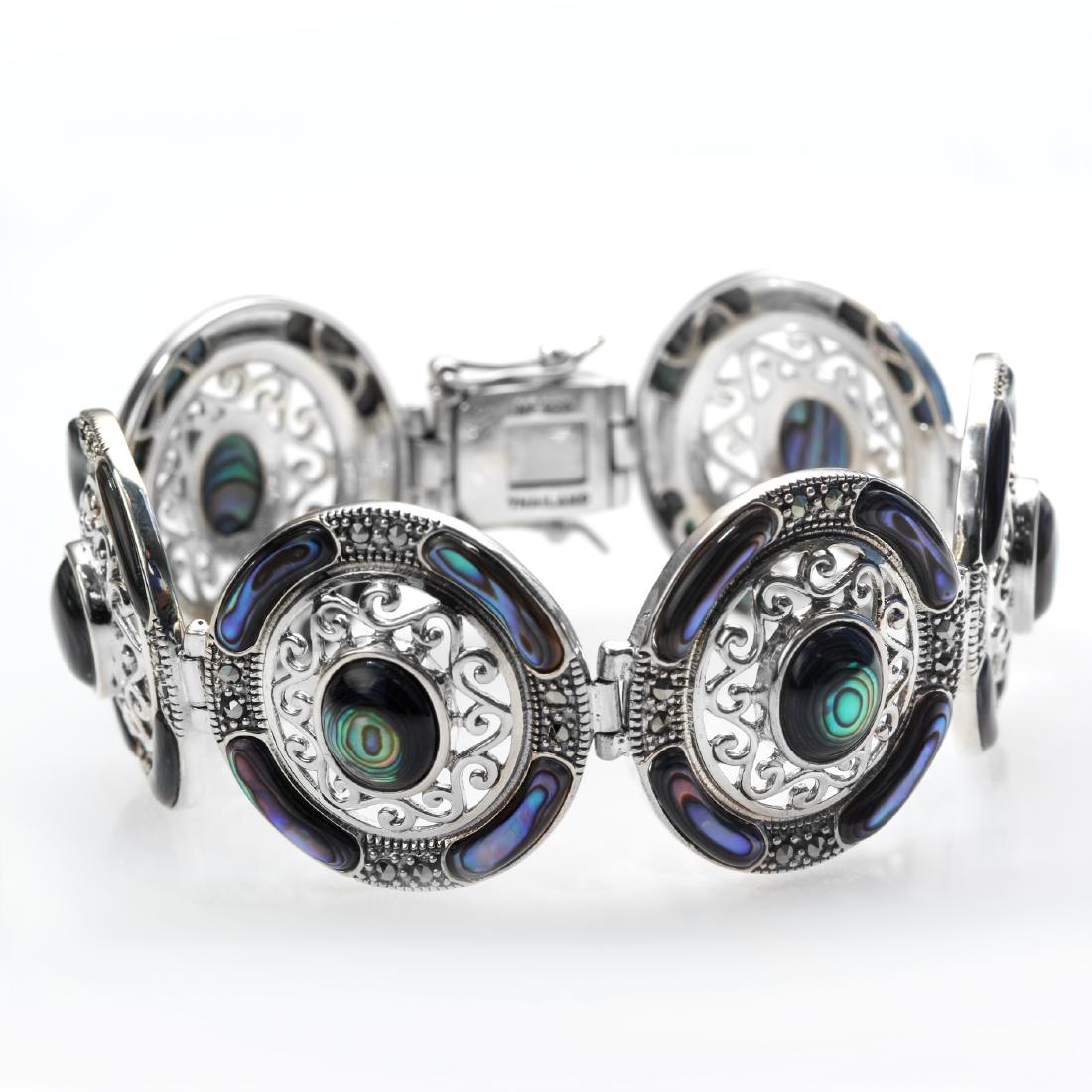 Silver 7.5" Abalone & Marcasite Link Bracelet (1 of 2)